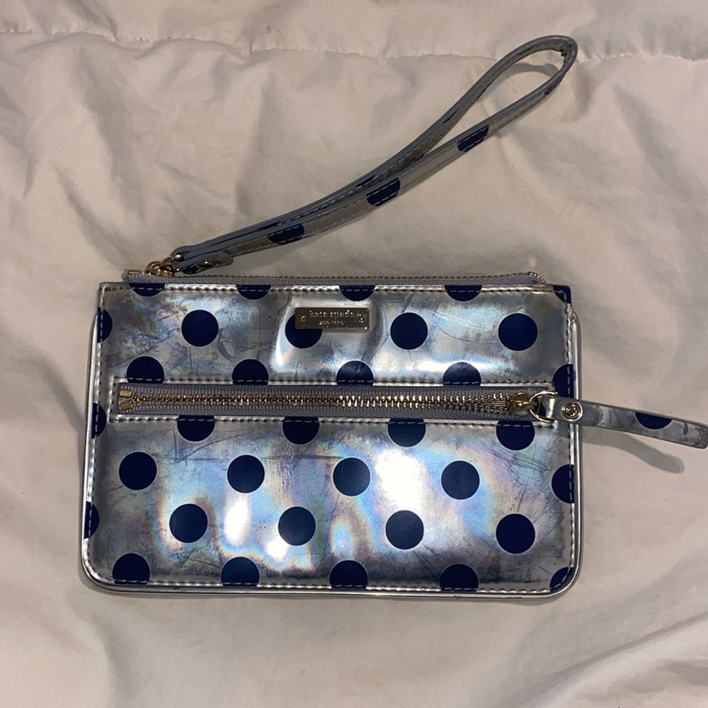 Kate Spade New York silver with blue polkadot wristlet